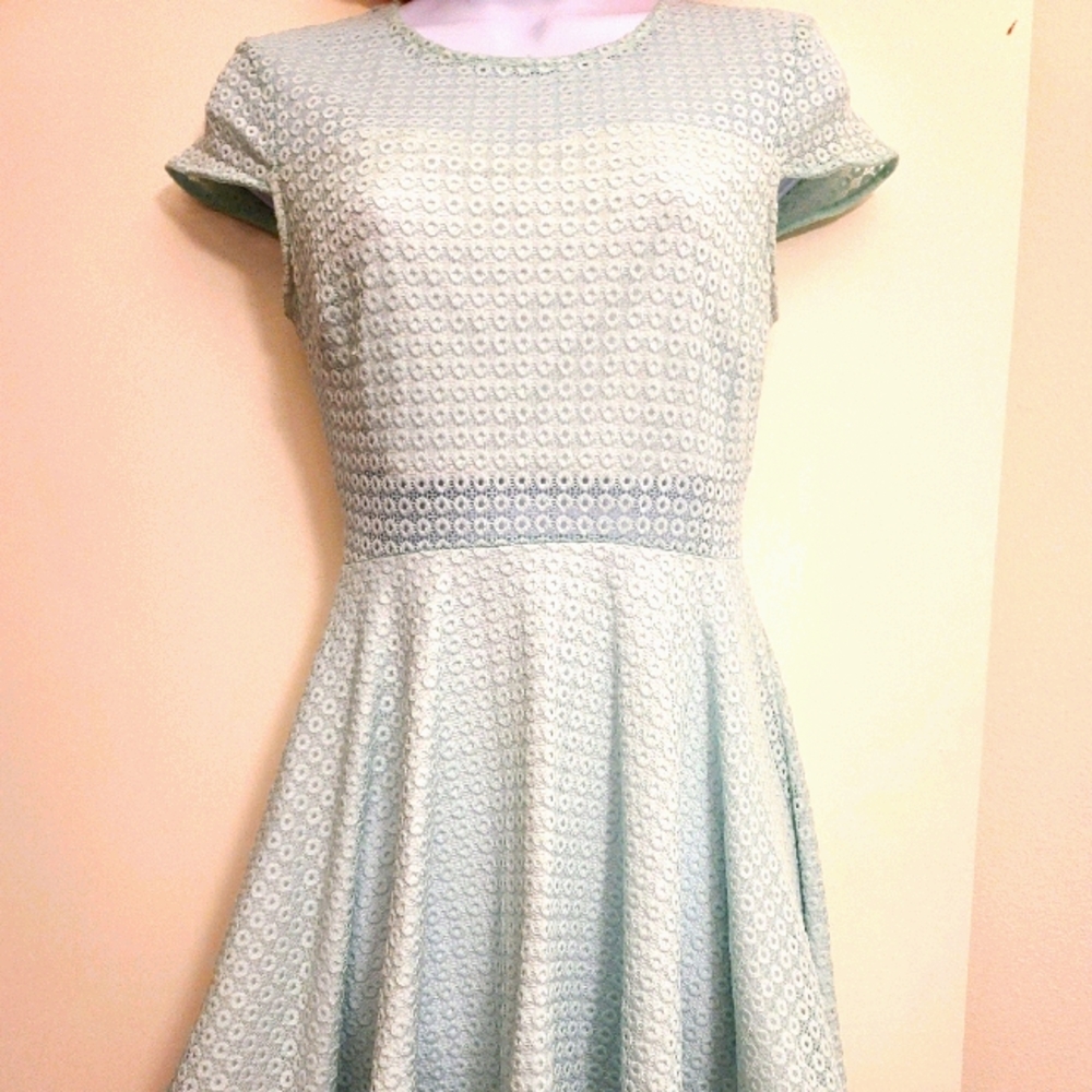 Mint blue lace eyelet overlay dress